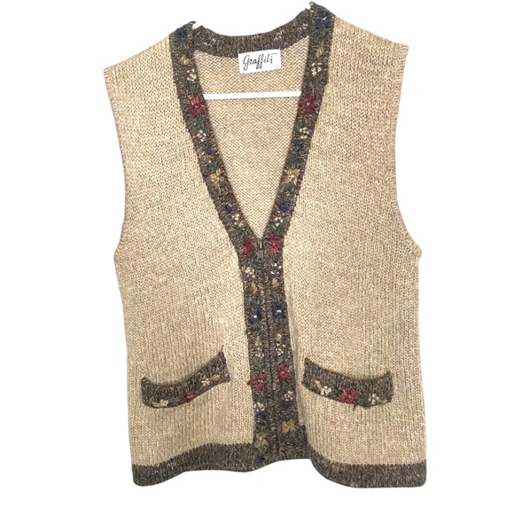 Graffiti Women’s Boho Knit Sweater Vest, Floral Detail - Picture 1 of 16